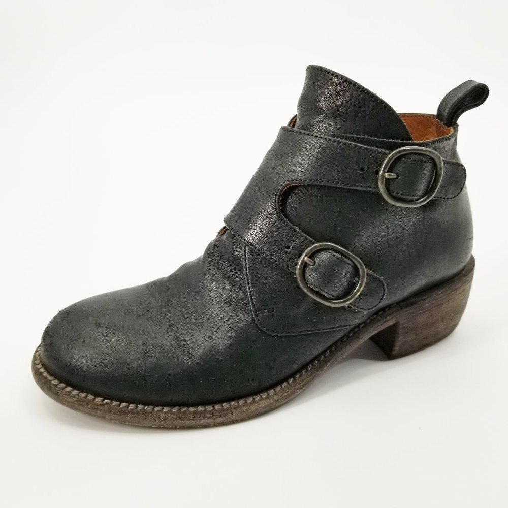 ❤️P Monjo Size 6 Black Leather Double Monkstrap Ankle Boots Moto Booties Goth